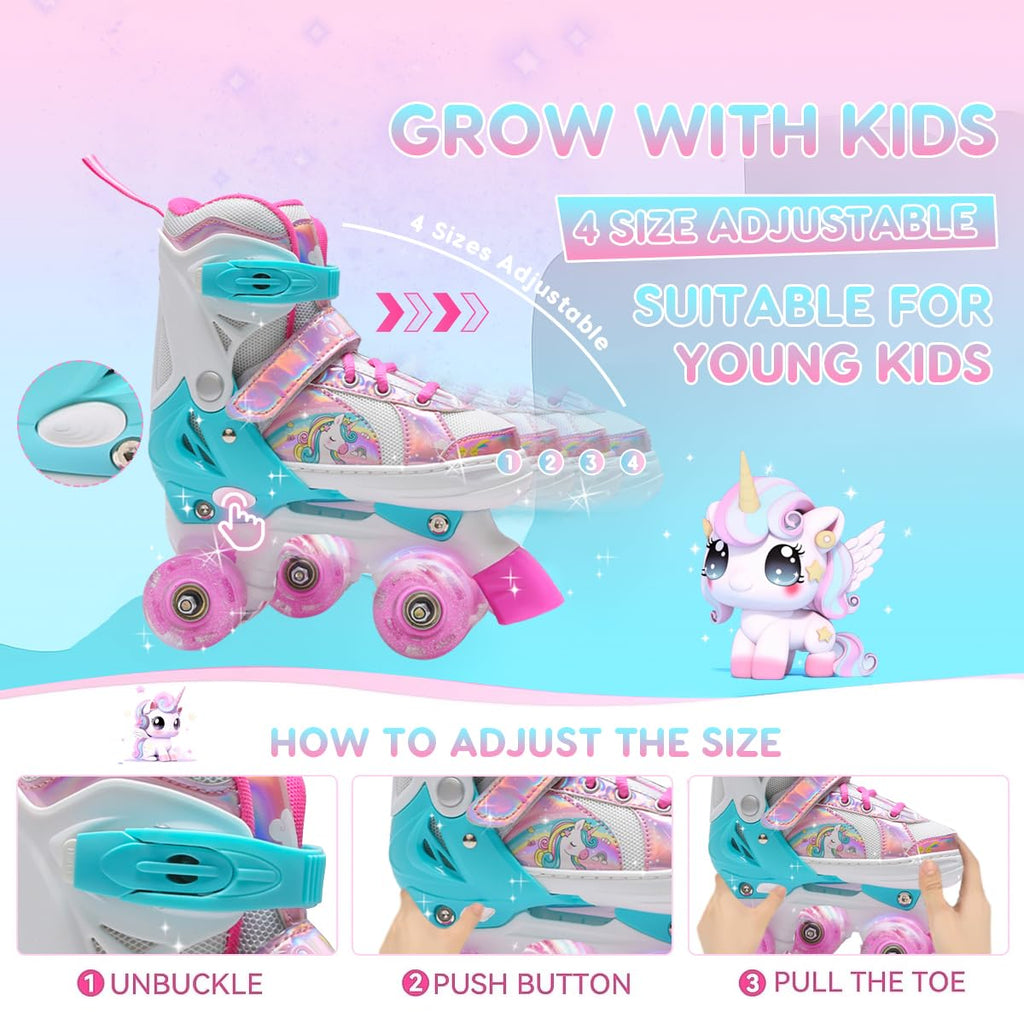 OLYSPM Kids Adjustable Quad Roller Skates with Flashing Wheels - Pink