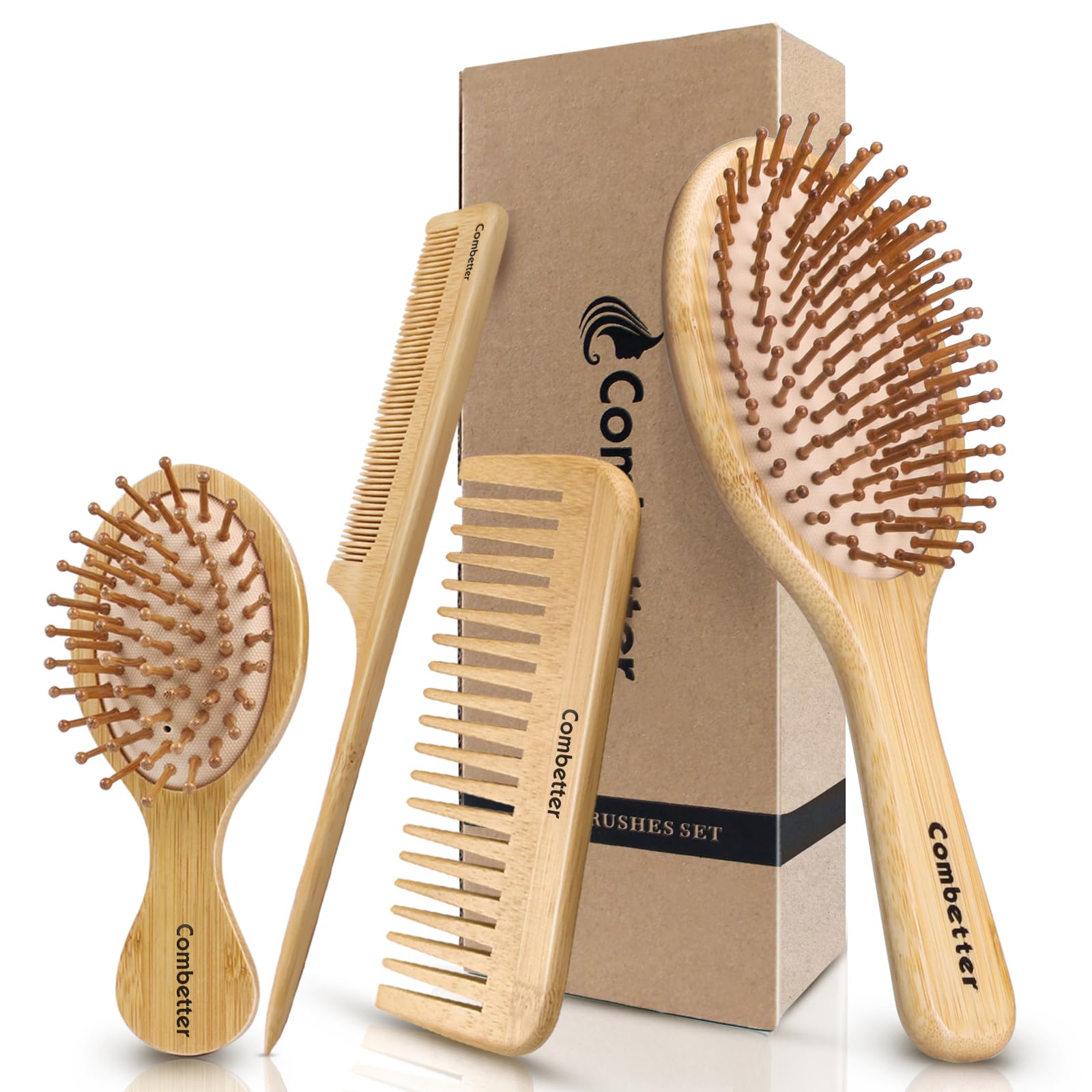 Combetter 4-Piece Bamboo Hairbrush and Comb Set – Eco-Friendly Detangler