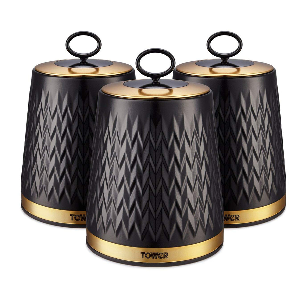 Tower Empire Set of 3 Tea Coffee Sugar Canisters, 1.3L – Black and Brass