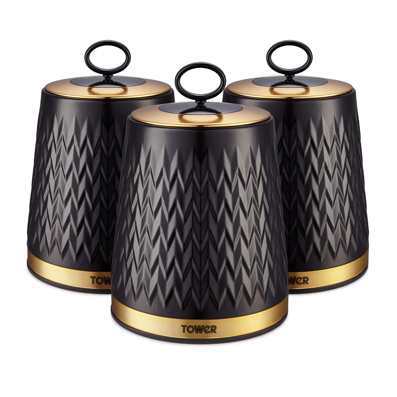 Tower Empire Set of 3 Tea Coffee Sugar Canisters, 1.3L – Black and Brass