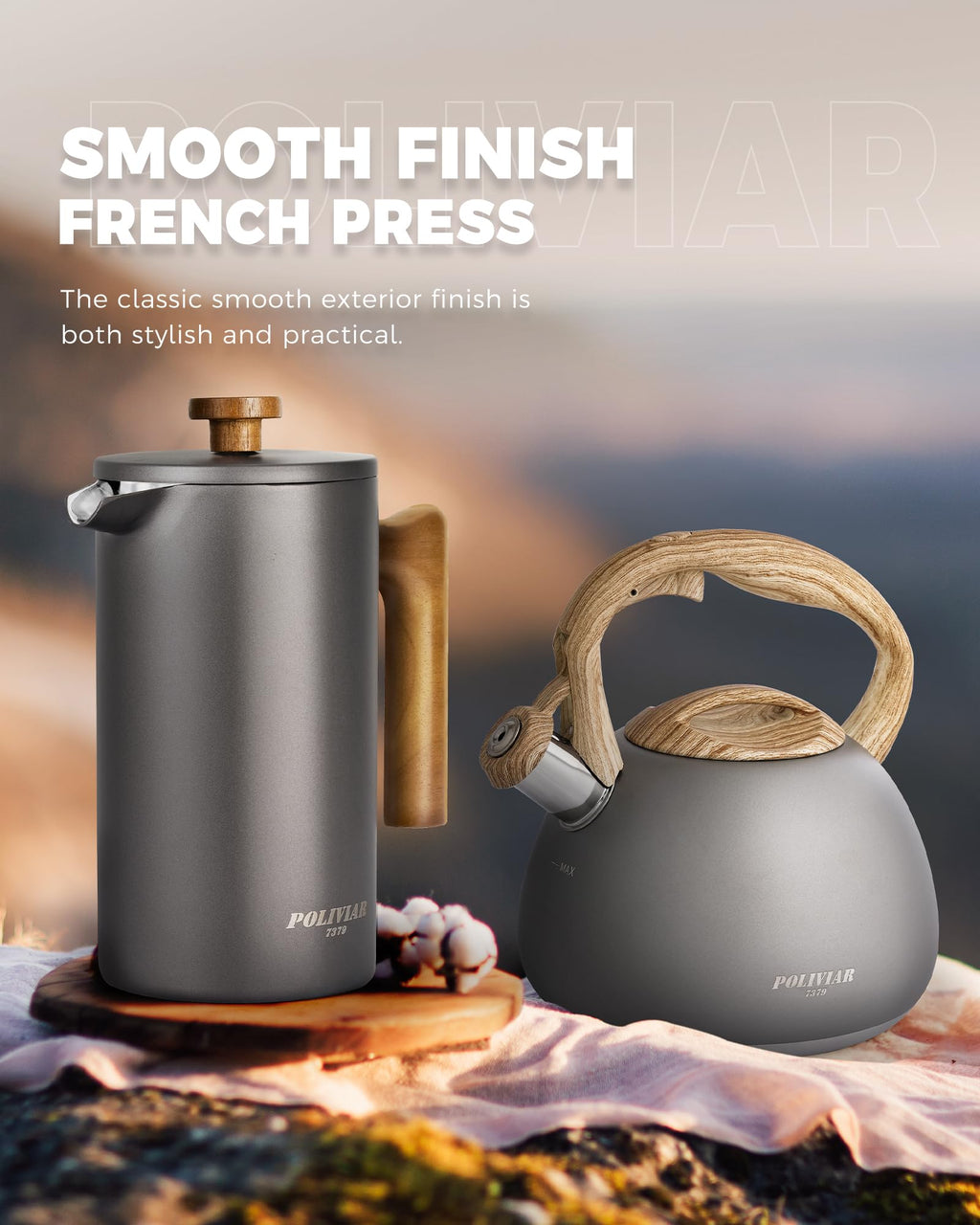 Poliviar French Press Coffee Maker - 1L Insulated Stainless Steel Cafetiere
