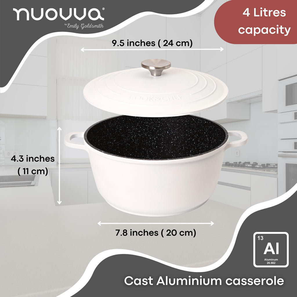 Nuovva 4L Non-Stick Casserole Dish – 24cm Aluminium Dutch Oven, Cream
