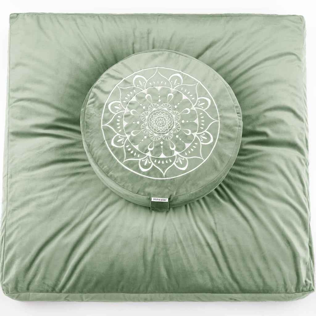 Hihealer Meditation Cushion and Zabuton Mat Set - Velvet Yoga Pillow, Green