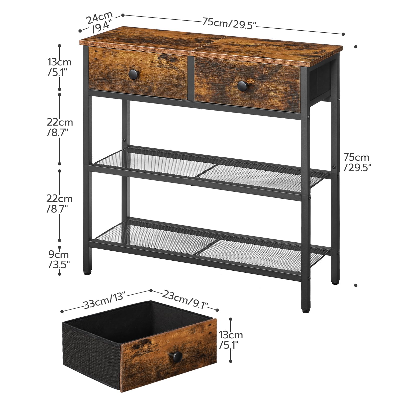 HOOBRO Slim Console Table – 3-Tier Industrial Hallway Table with Drawers