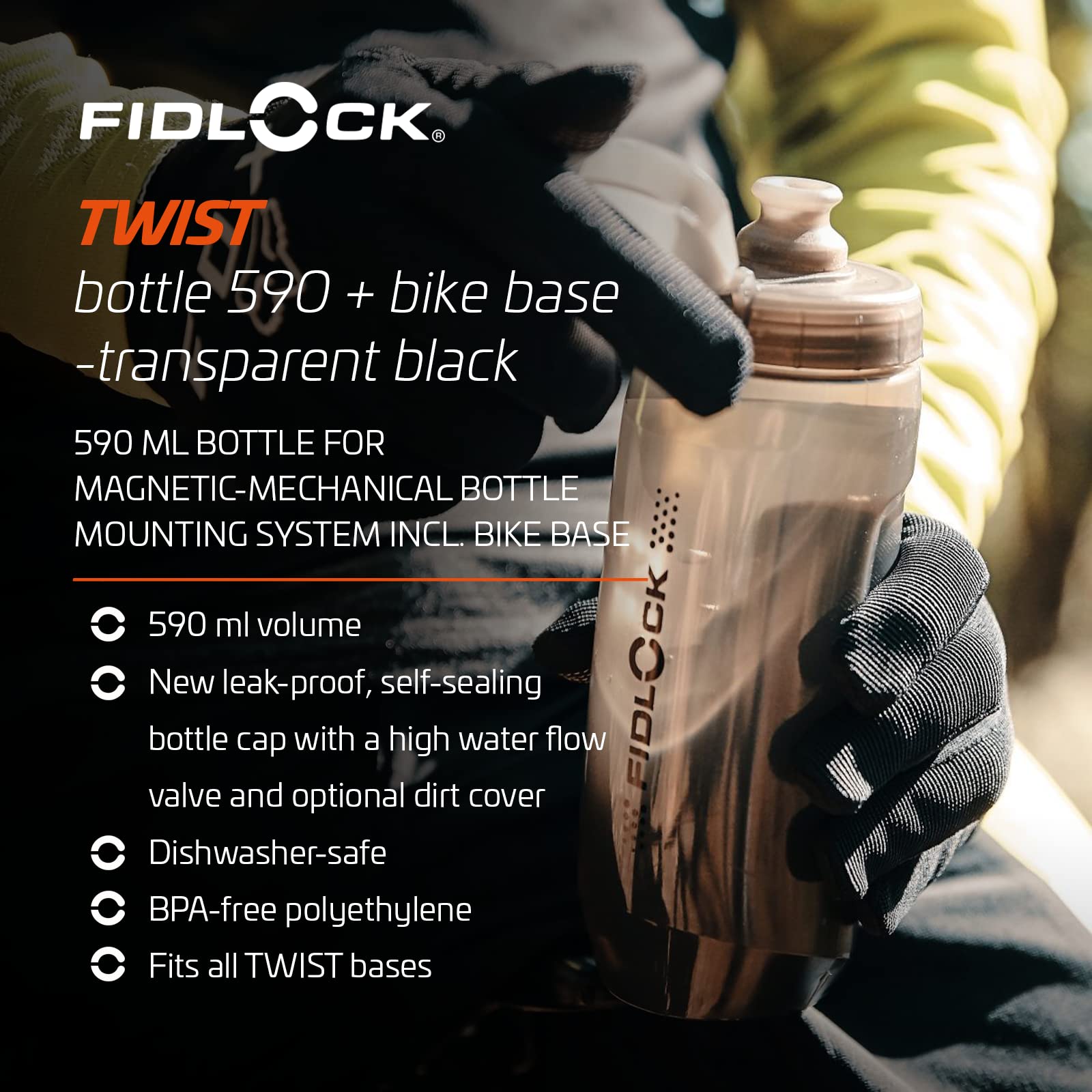 Fidlock TWIST 590ml Magnetic Bike Bottle with Base – Black, BPA Free