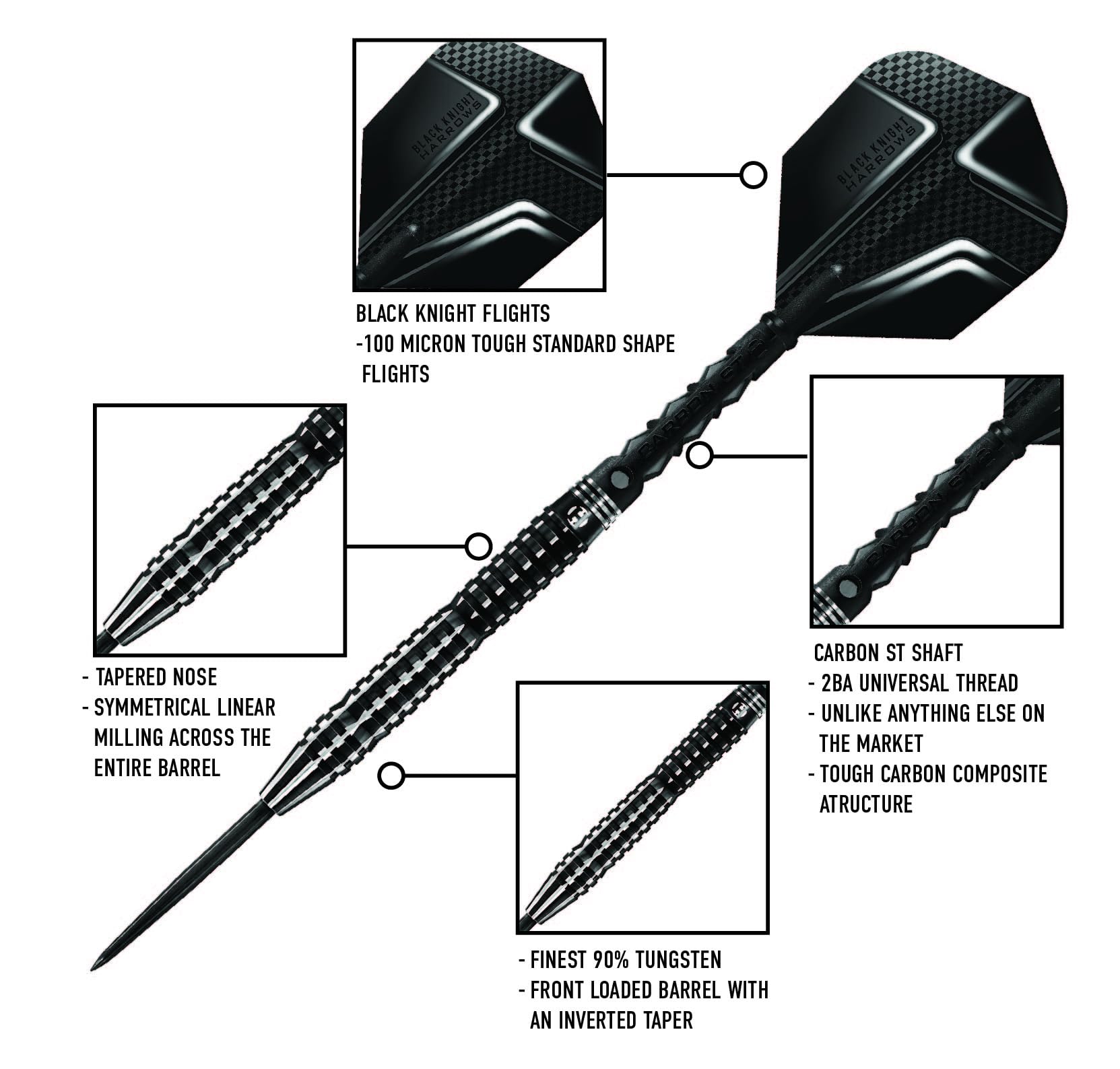 Harrows Black Knight 90% Tungsten Steel Tip Darts Set | 25g Black