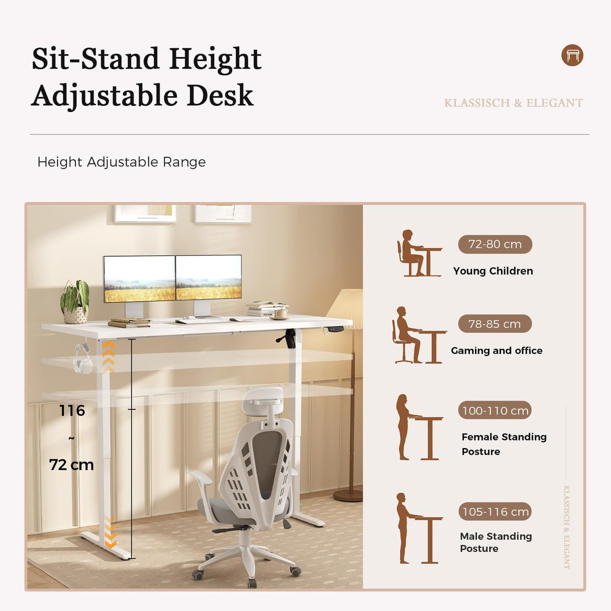 Klicelor Electric Standing Desk, 2 Memory Buttons for stand & sit, 100x60