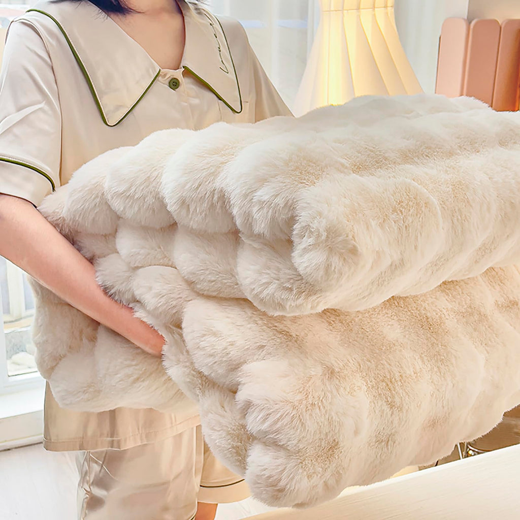 Faux Rabbit Fur Bubble Throw Blanket - Beige, 127x152cm