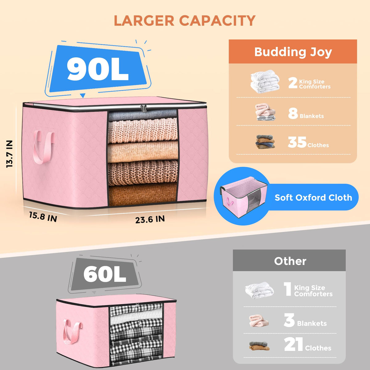 Budding Joy 90L Storage Bags, Large Clothes Storage Boxes with Zips Pink - image 2