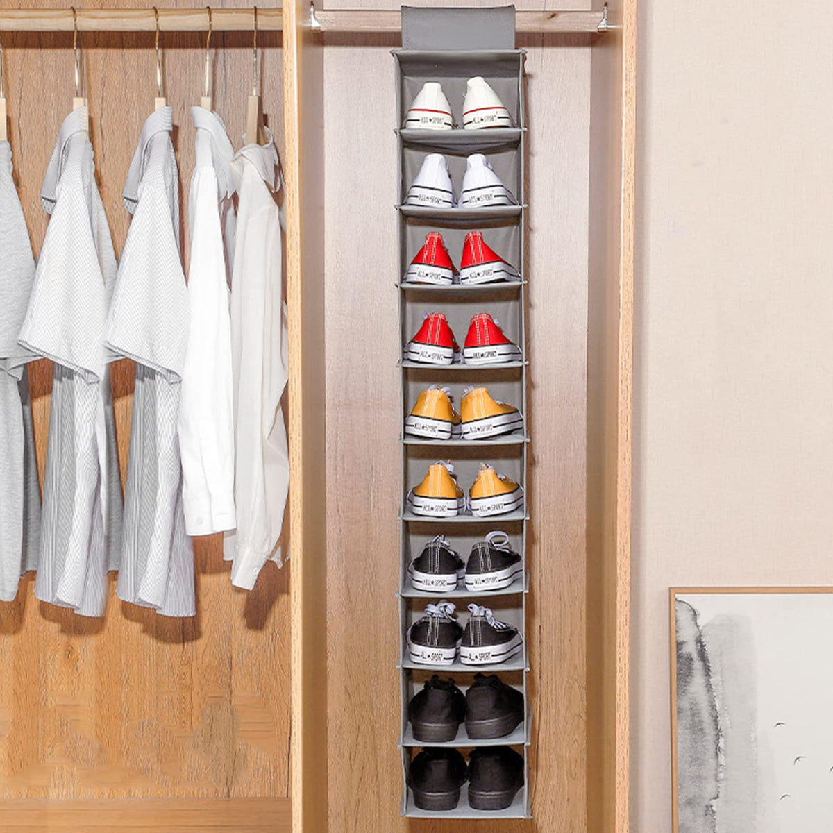 Hanging Shoe Organizer 10-Shelf Shoes Storage for Wardrobe Non-woven Collapsible Hanging Shoe Rack Slim Wardrobe Shoe Storage Organiser Foldable