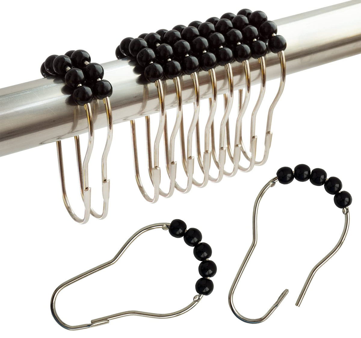 Shower Curtain Hooks Rings Stainless Steel Shower Hooks Black Acrylic roller Balls Rustproof Heavy Duty for Bathroom CurtainBlack