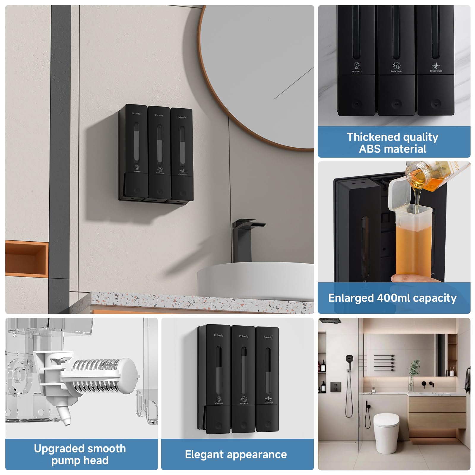 3-Chamber Wall Mounted Shower Soap Dispenser - 3x400ml Black