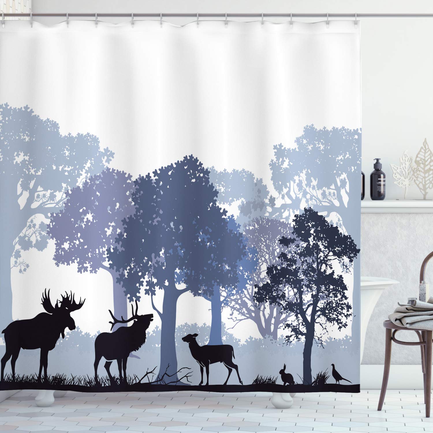 ABAKUHAUS Moose Forest Shower Curtain – Waterproof Fabric Bathroom Decor