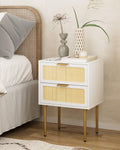 HEYZOEY Boho Rattan Nightstand | 2-Drawer Side Table with Gold Legs, White