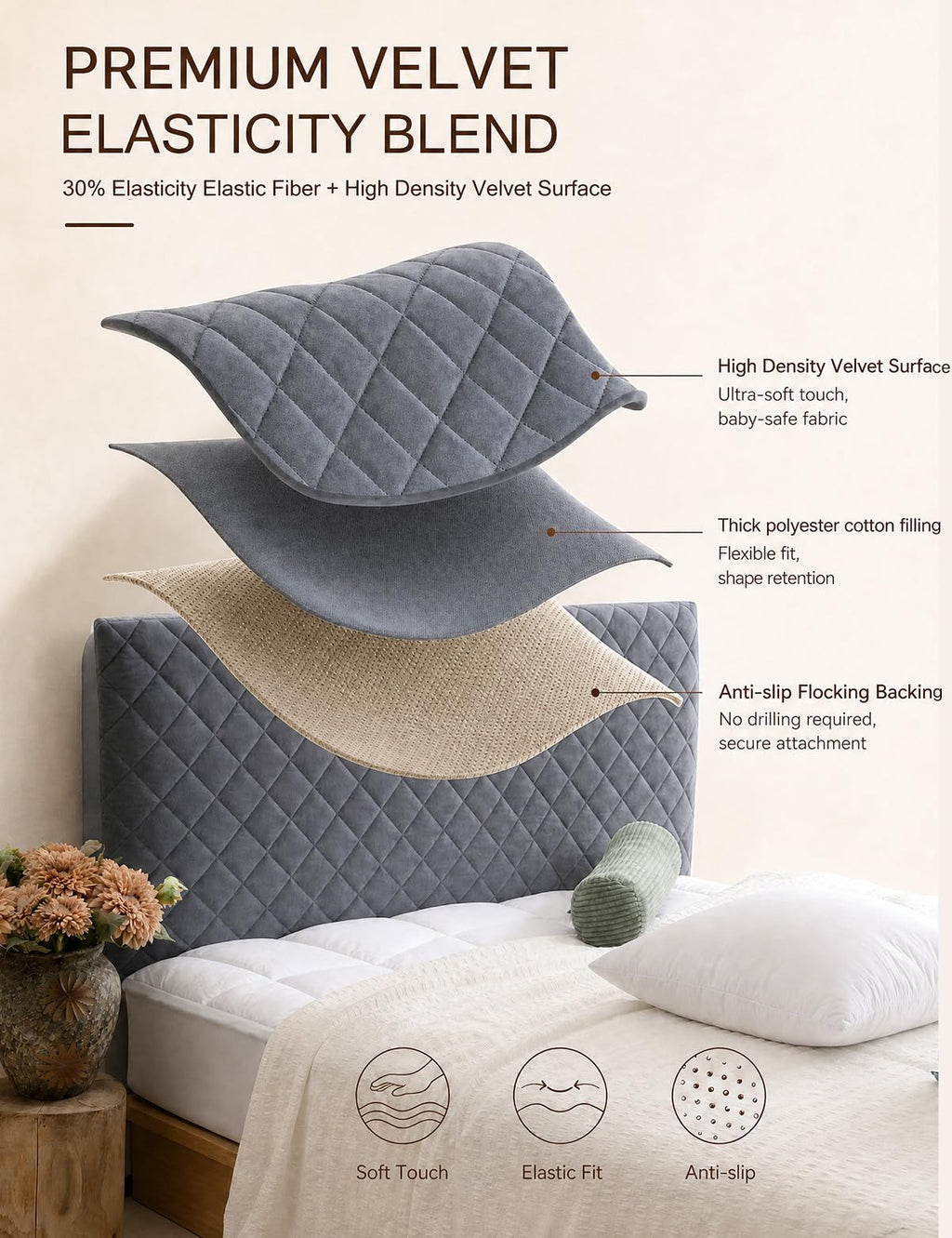 Bed Headboard Slipcover Quilted Thicken Protector Light grey,180x70cm - image 5
