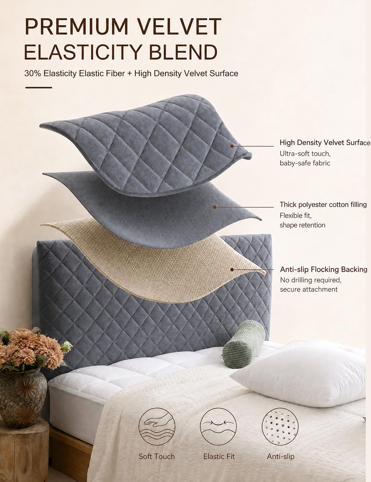 Bed Headboard Slipcover Quilted Thicken Protector Light grey,180x70cm - image 5