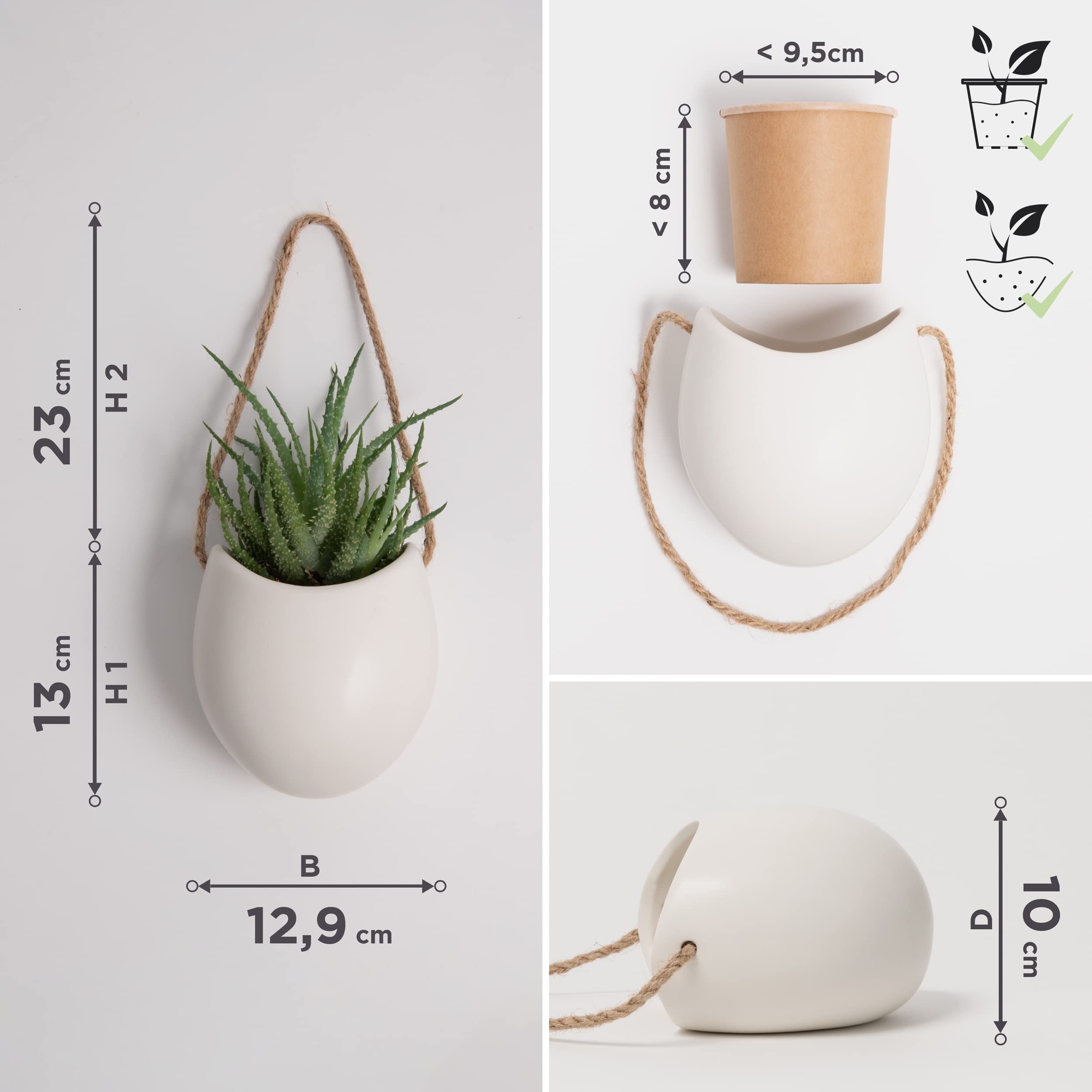 Kazai Ellie Hanging Ceramic Wall Planters – 3 Piece Indoor Garden Set, Cream