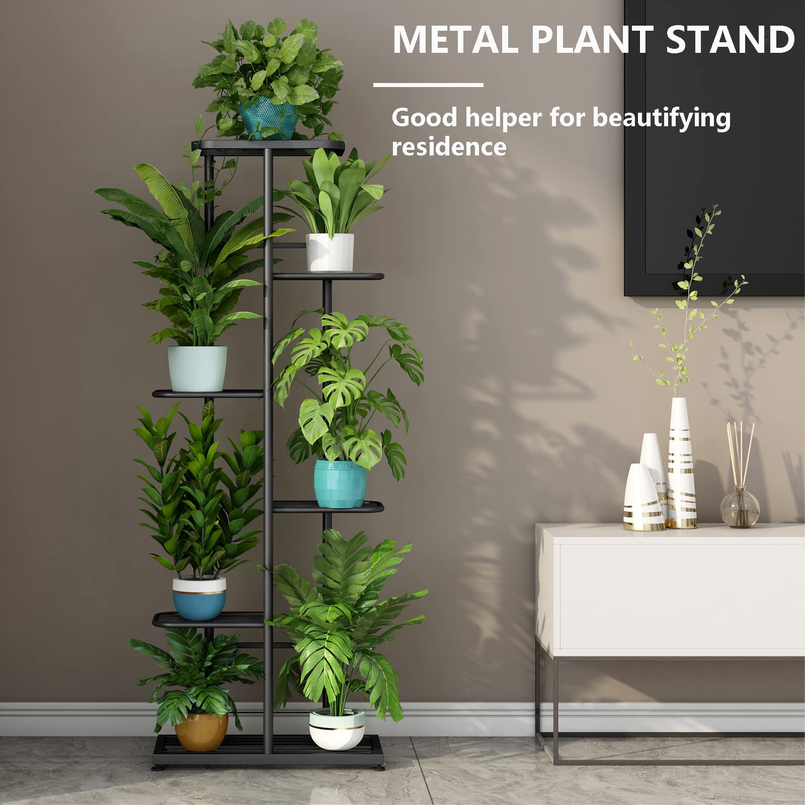 LINZINAR 6-Tier Metal Plant Stand – 7 Potted Vertical Flower Shelf, Dark Grey