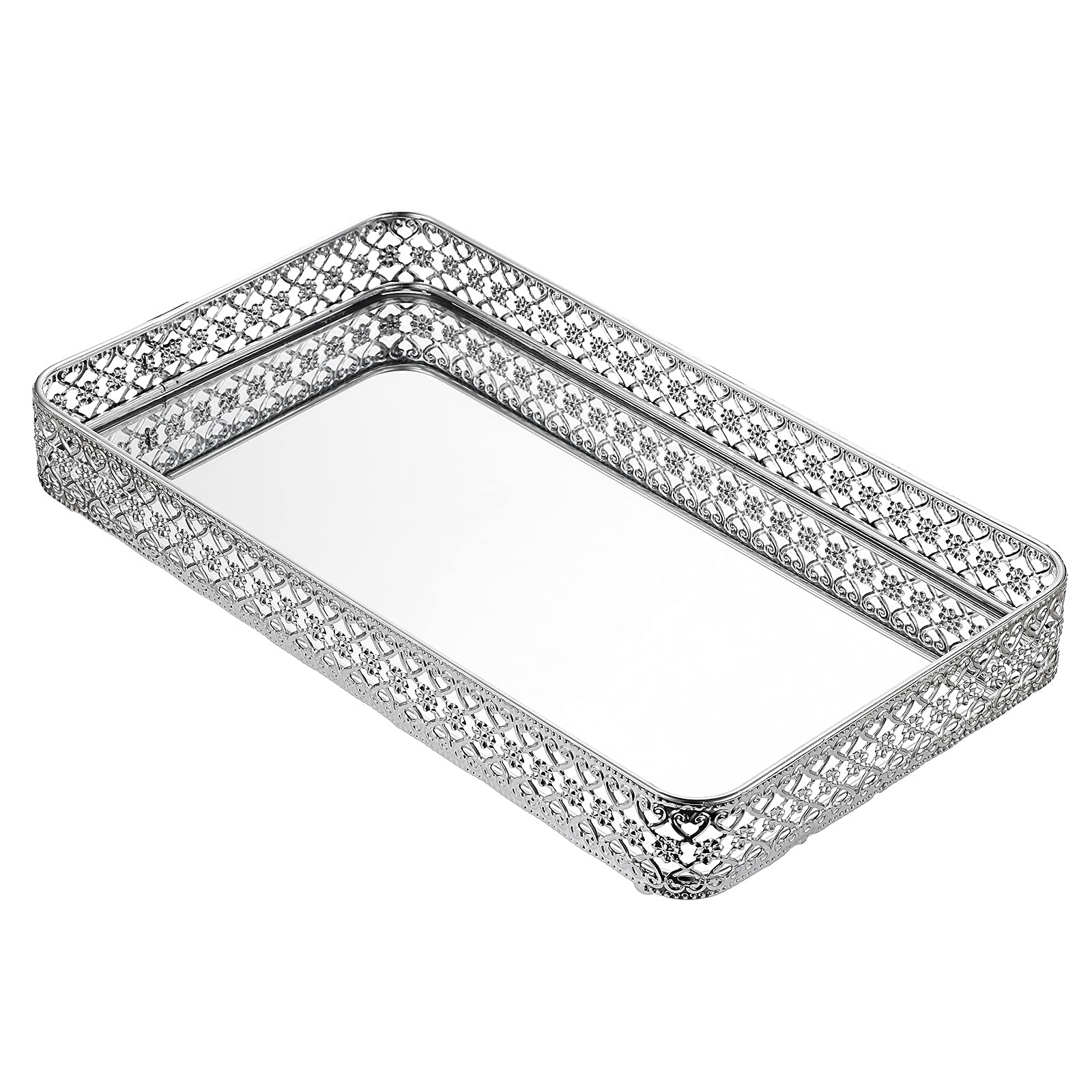 BSTKEY Silver Mirror Vanity Tray – Metal Jewelry and Cosmetic Organizer