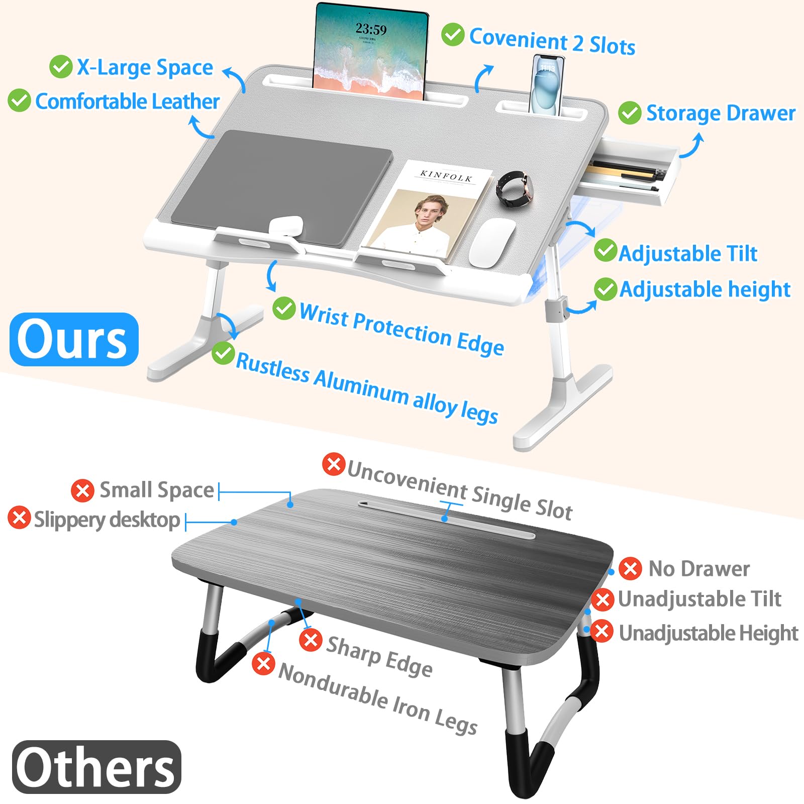 Potuopy Laptop Bed Desk – Adjustable Leather Foldable Stand, Grey