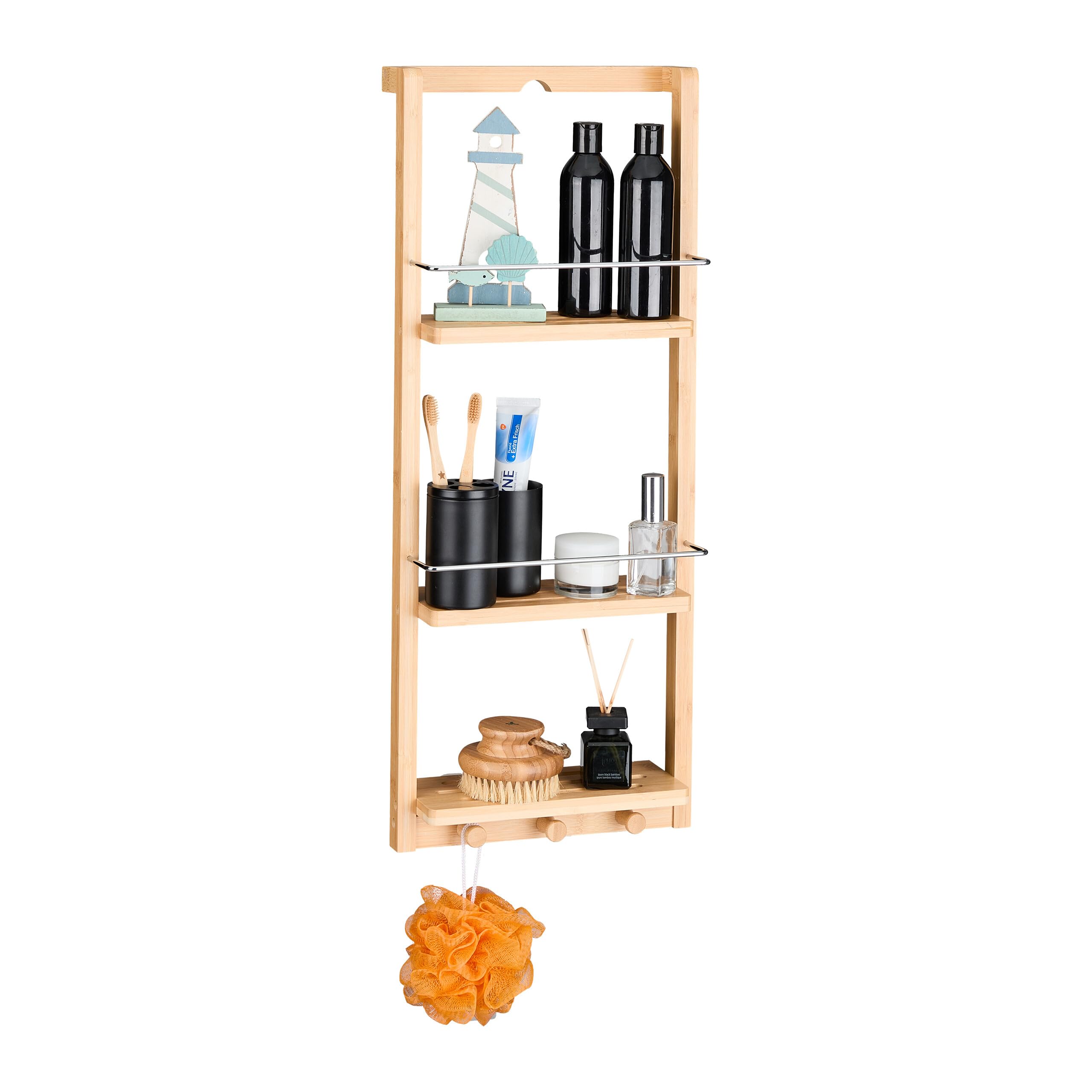 Relaxdays Bamboo Wall-Mounted Bathroom Rack with 3 Shelves & Hooks