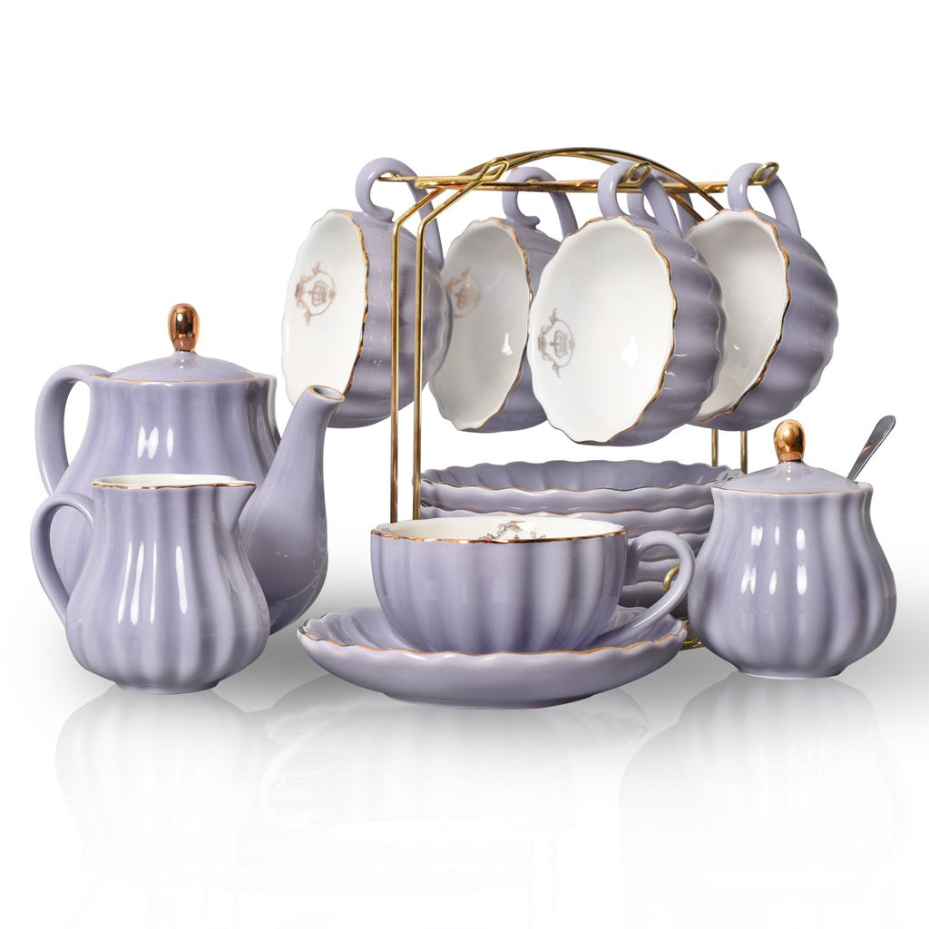 Sweejar Home Royal Porcelain Tea Set - 21-Piece Pumpkin Ceramic Set, Purple
