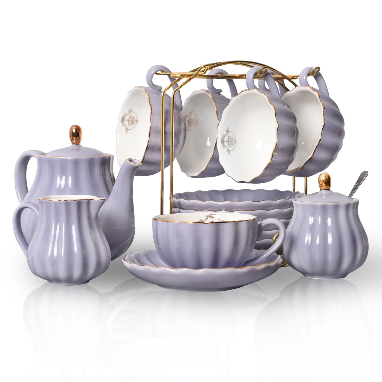 Sweejar Home Royal Porcelain Tea Set - 21-Piece Pumpkin Ceramic Set, Purple