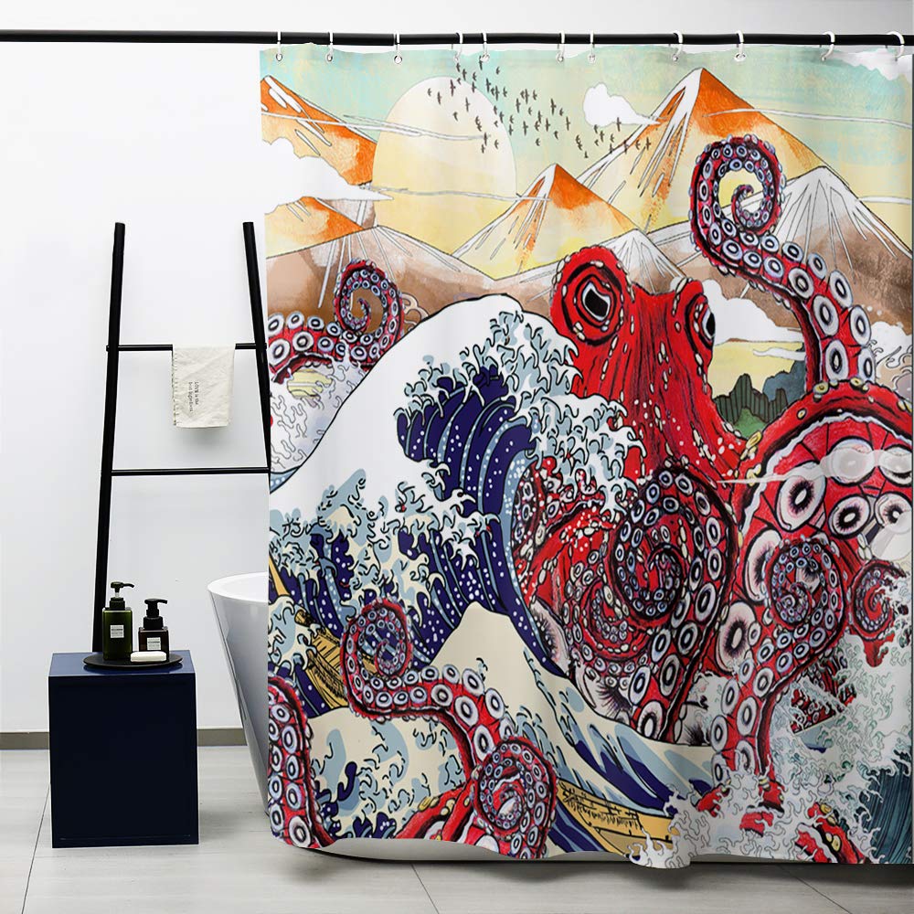 Obal Red Japanese Octopus Shower Curtain | Ukiyo-E Polyester Fabric