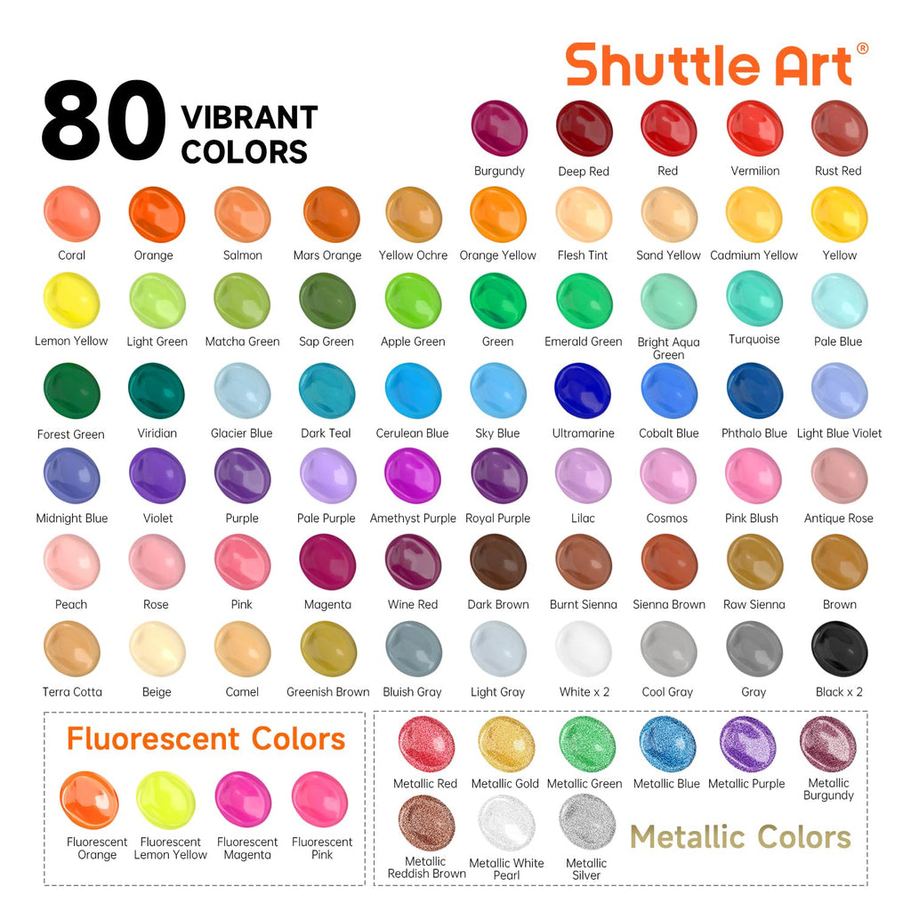 Shuttle Art 80 Pack Acrylic Paint Set - 78 Colors with 12 Brushes