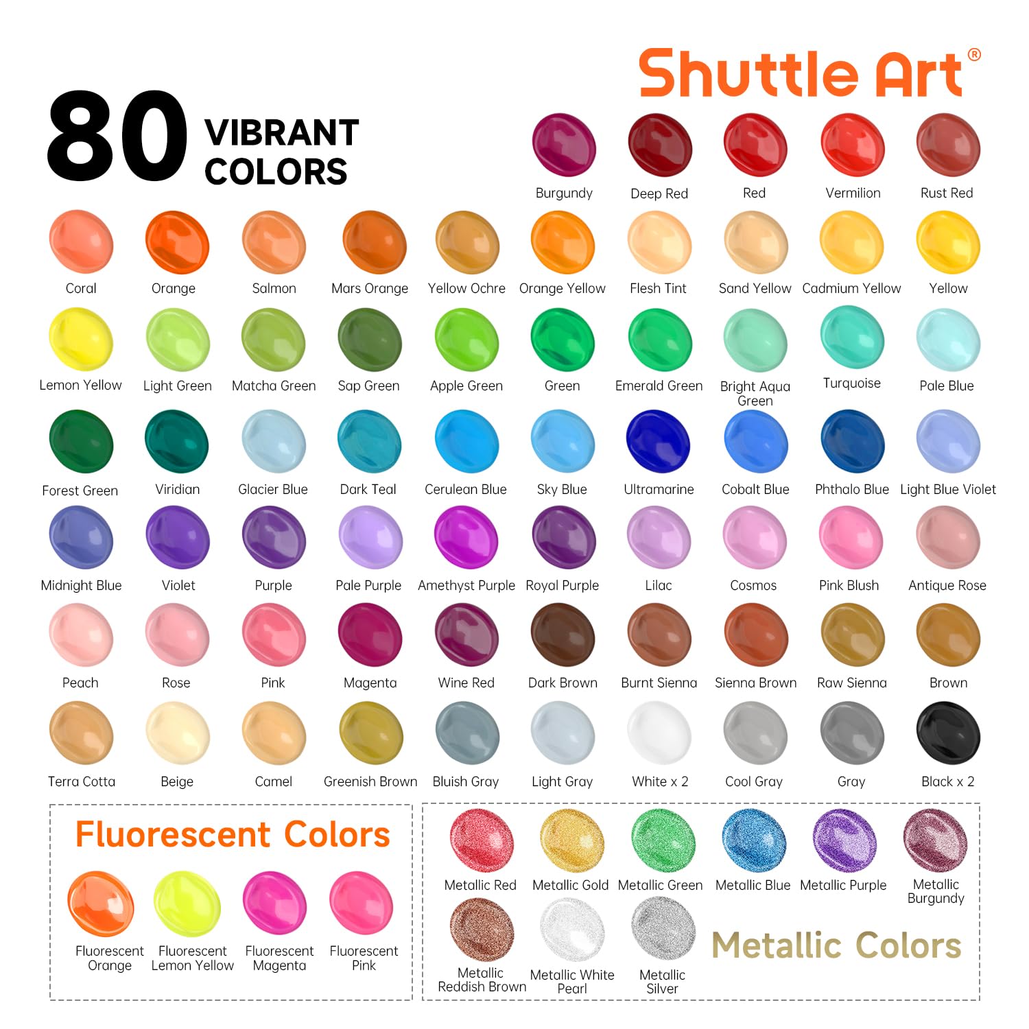 Shuttle Art 80 Pack Acrylic Paint Set - 78 Colors with 12 Brushes