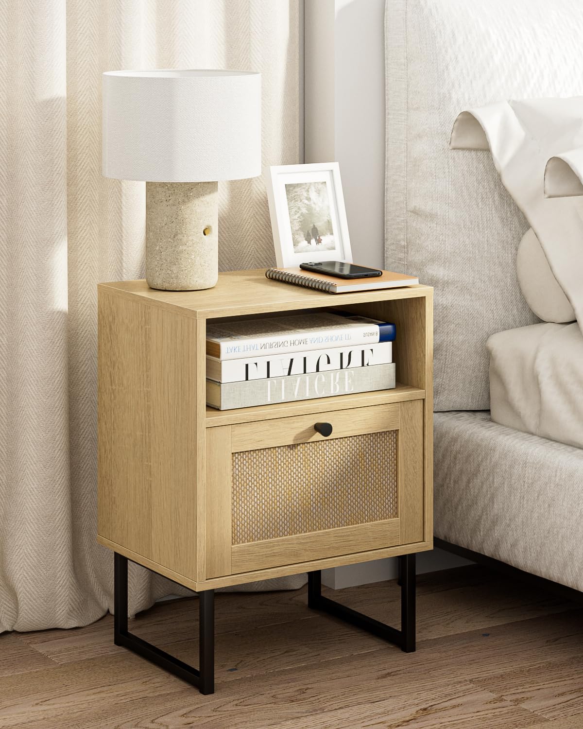 HEYZOEY Boho Rattan Nightstand – Wood Bedside Table with Drawer