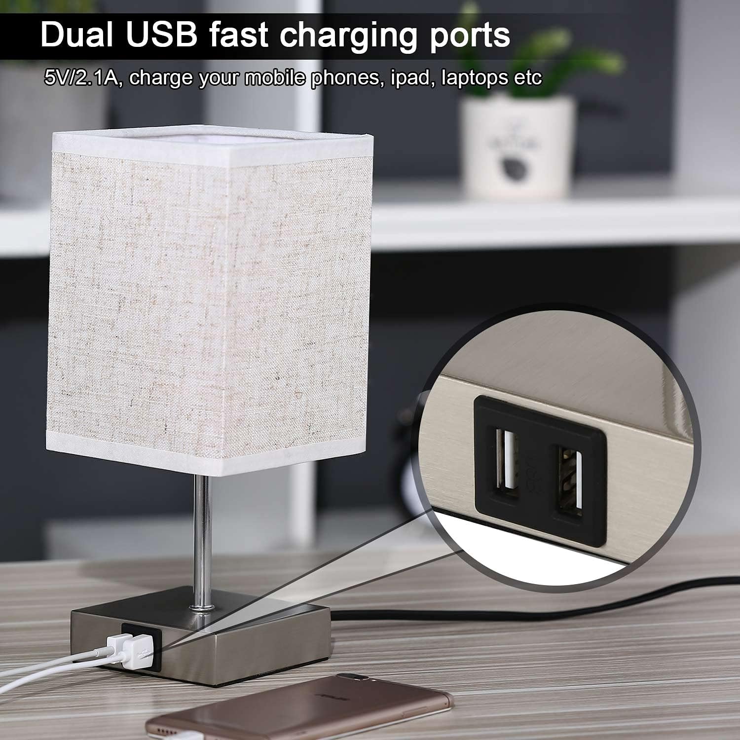 Lightess Touch Bedside Lamps - 3-Way Dimmable with Dual USB Ports, 2-Pack