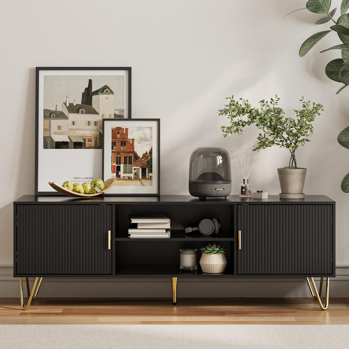 HEYZOEY Black Fluted TV Stand, 2 Cabinets, Gold Legs, for TVs up to 65 in - image 5