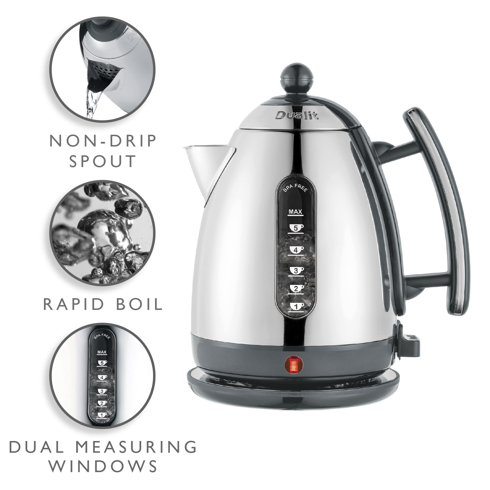 Dualit Lite 1.5L Jug Kettle – Fast Boil Stainless Steel – Polished Grey