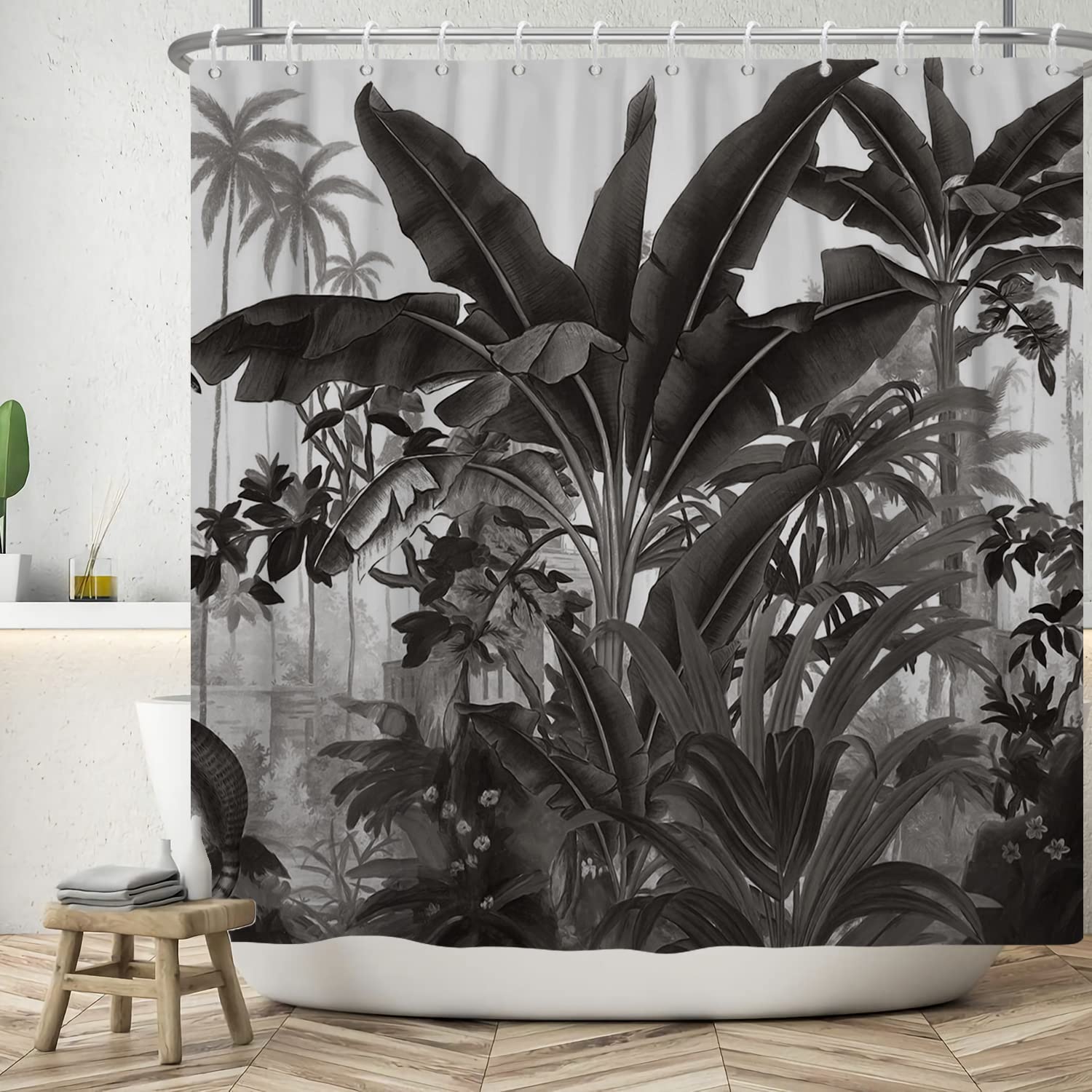Jolof Store Jungle Shower Curtain – Black Tropical Leaves Waterproof 180x200