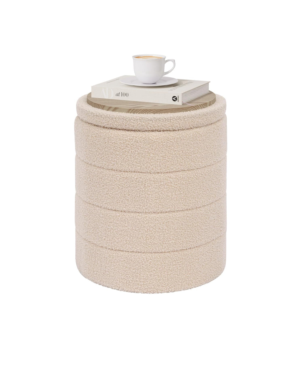 PINPLUS Round Ottoman Storage, Convertible Table, Beige, 37x37x45 cm