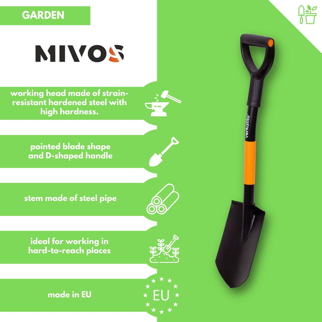 MIVOS Mini Pointed Spade – 75cm Hardened Steel Shovel with D-Handle