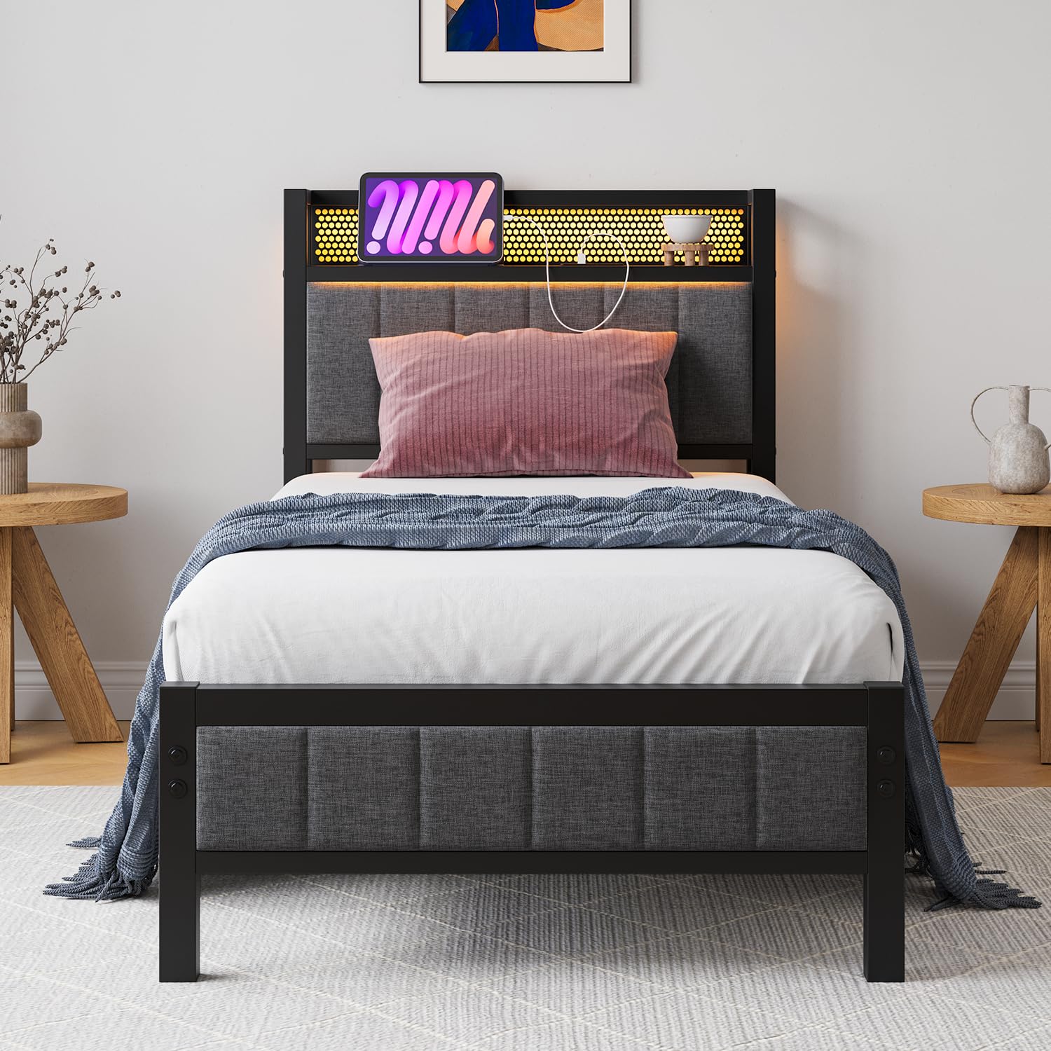 BORPHOM Single Bed Frame with LED Storage Headboard and Charging Station
