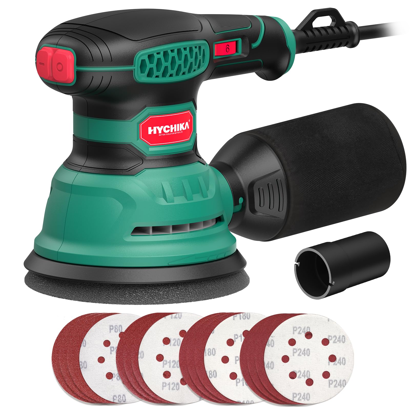 HYCHIKA Random Orbital Sander - 300W 6-Speed Power Sander with 16 Discs