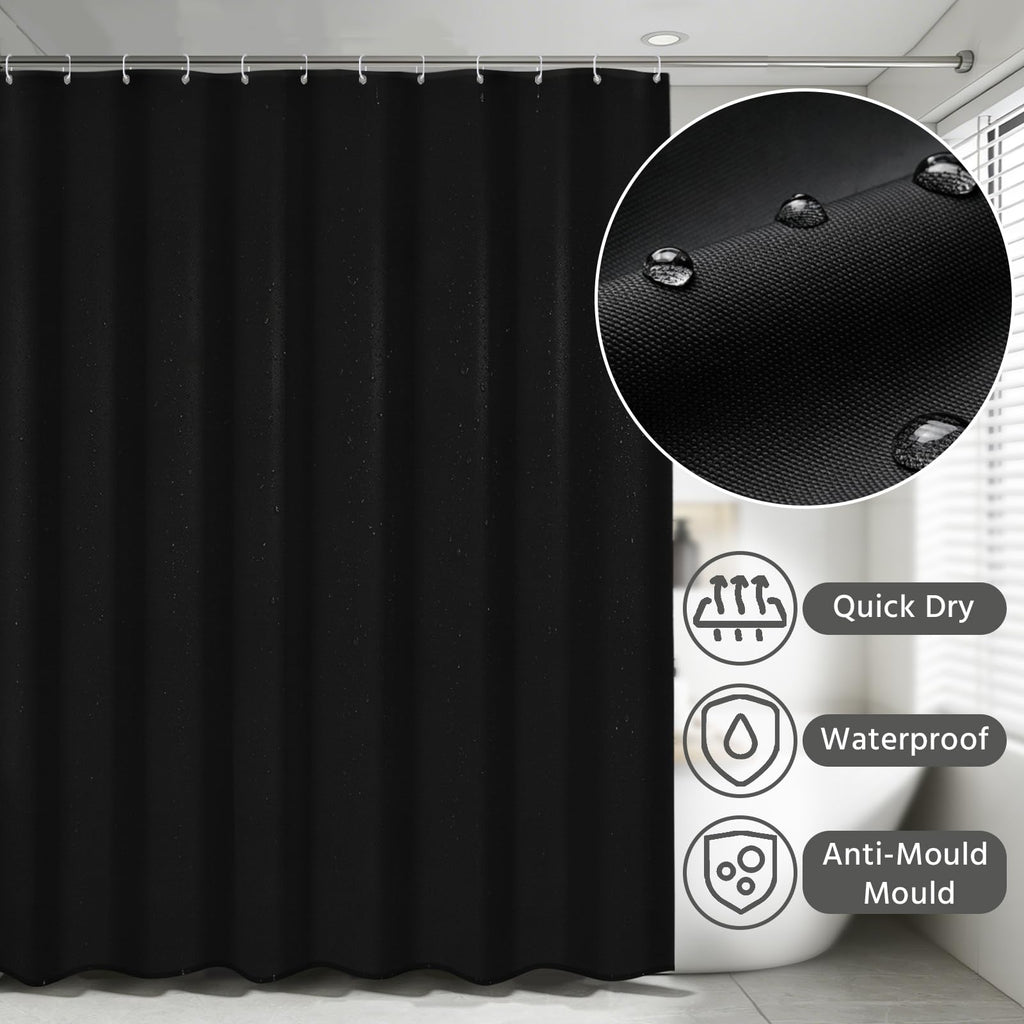 FAVORTALK Black Shower Curtains Waterproof Polyester Fabric Shower Curtain Mould Proof Mildew Resistant 180x180cm Solid Bathroom Curtain Set with 12 - image 4