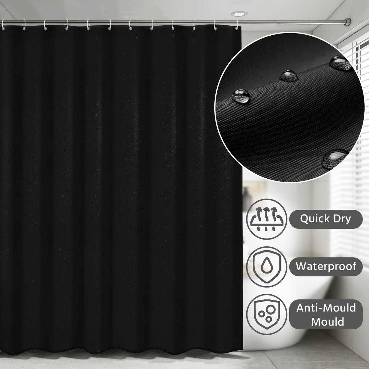 FAVORTALK Black Shower Curtains Waterproof Polyester Fabric Shower Curtain Mould Proof Mildew Resistant 180x180cm Solid Bathroom Curtain Set with 12 - image 4