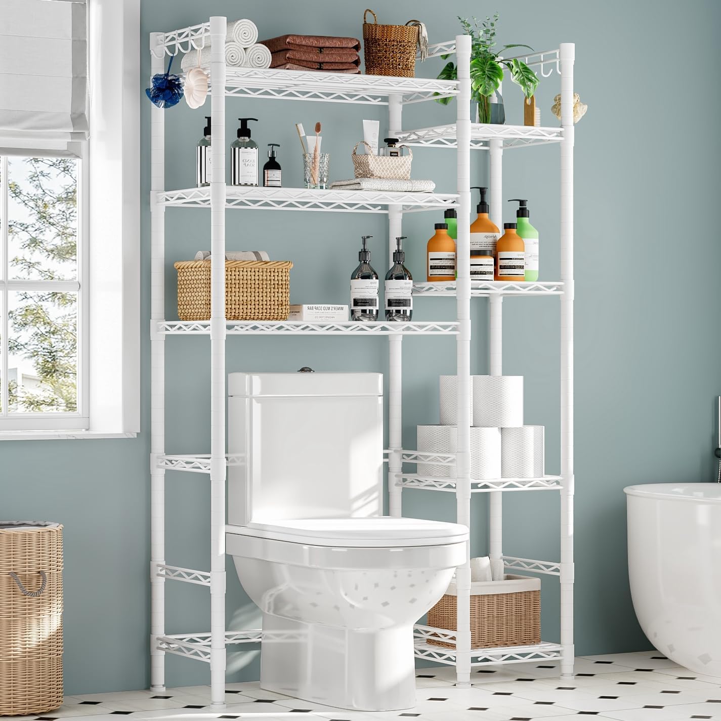 Wooruy Over The Toilet Storage – 7 Adjustable Shelves Metal Bathroom Rack