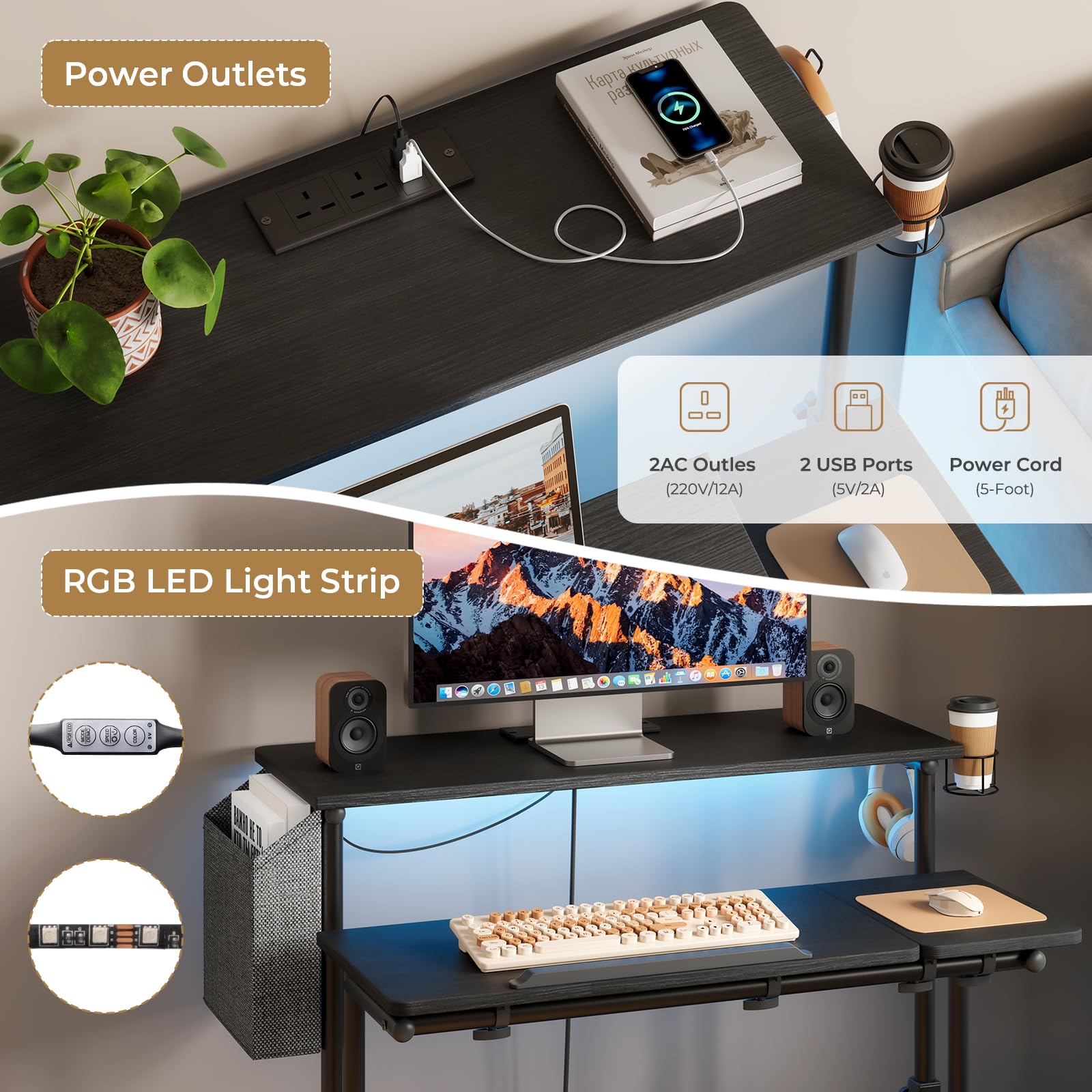 Dripex Mobile Standing Desk with LED Lights & Power Outlets | Rolling