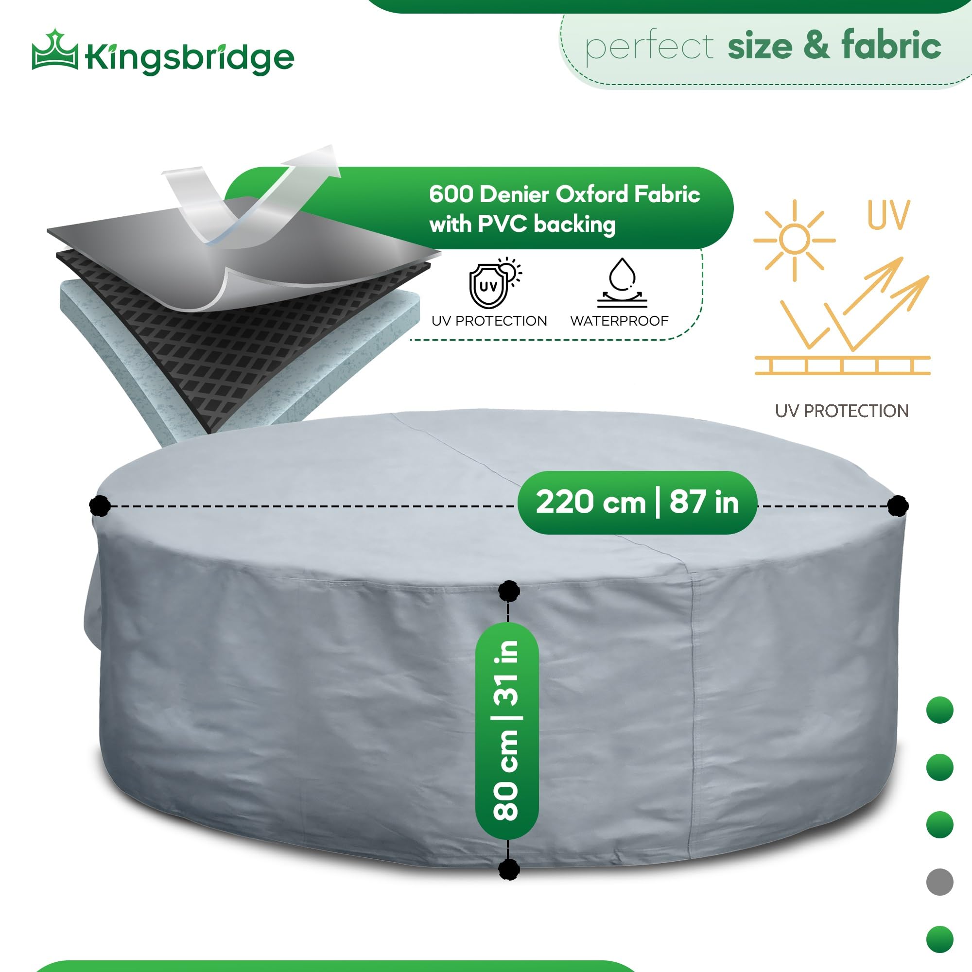 Kingsbridge Grey 600D Waterproof Round Patio Table Cover (220x80cm)