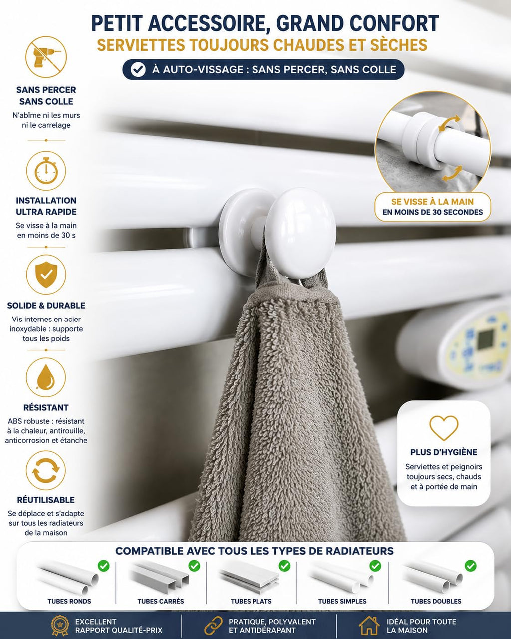 Set of 2 White Towel Rail Hooks for Radiator Towel Dryer - Pair of Hooks White - image 3