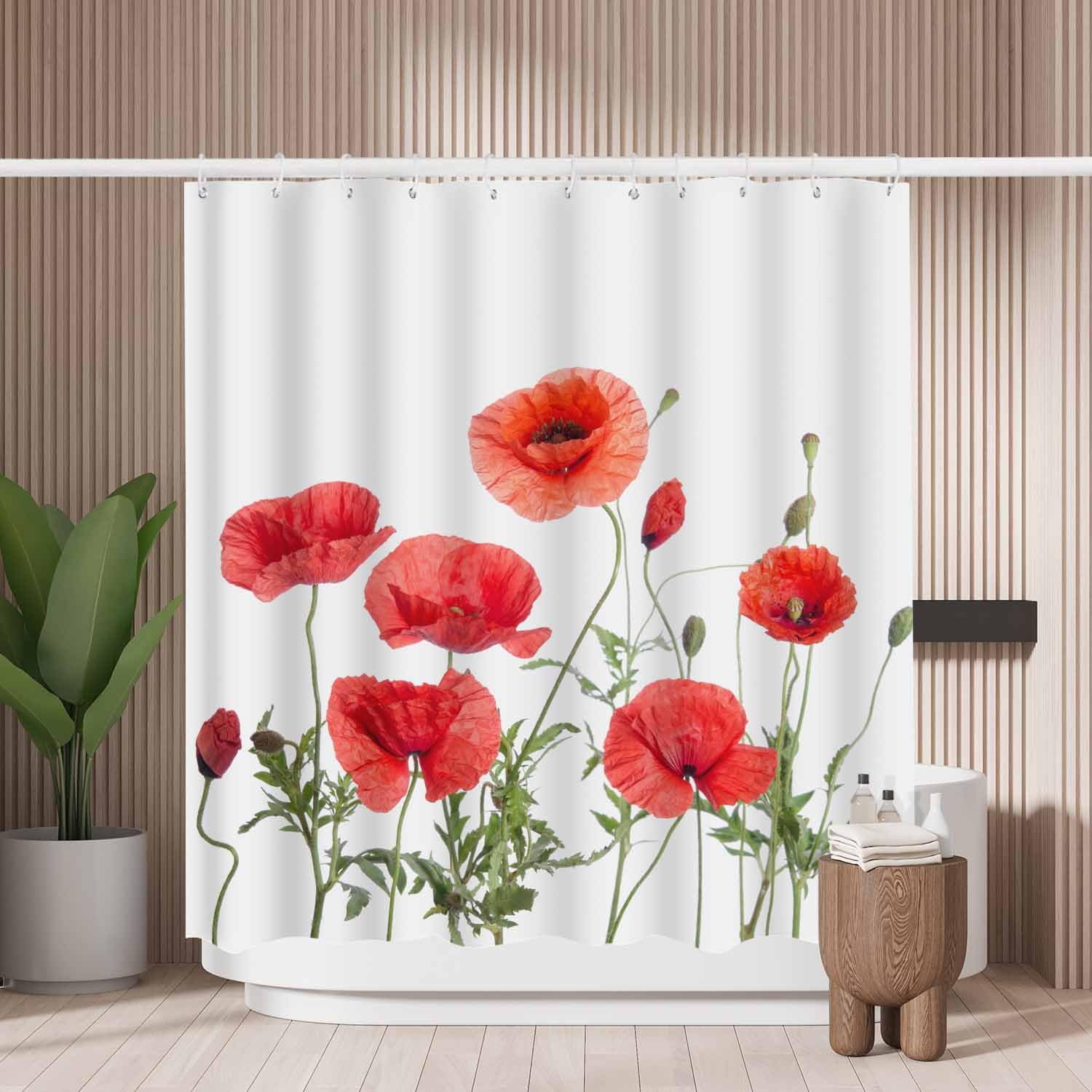 Woutay Red Poppies Shower Curtain – Mold Resistant Waterproof Polyester