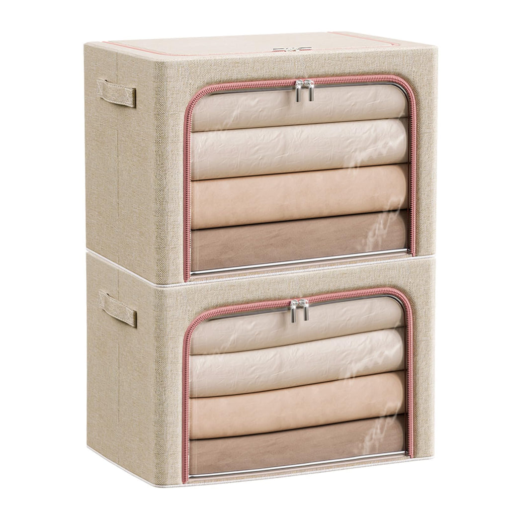 Douzi 2 Pack Clothes Storage Boxes Closet Organizers and Storage, Foldable Cloth Steel Frame Box for Storing Bedding,Blankets-Khaki-66L - image 1