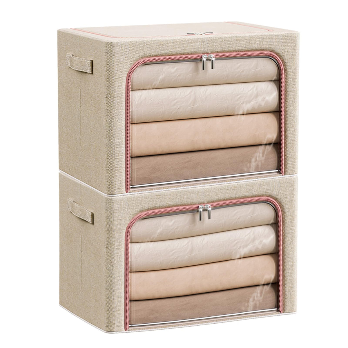 Douzi 2 Pack Clothes Storage Boxes Closet Organizers and Storage, Foldable Cloth Steel Frame Box for Storing Bedding,Blankets-Khaki-66L - image 1