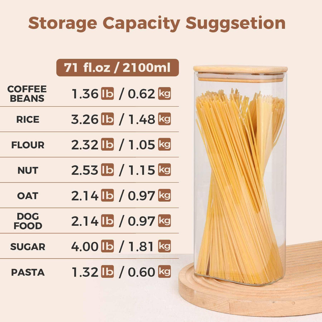 ComSaf 2100ml Rectangle Glass Food Storage Jars with Airtight Bamboo Lids