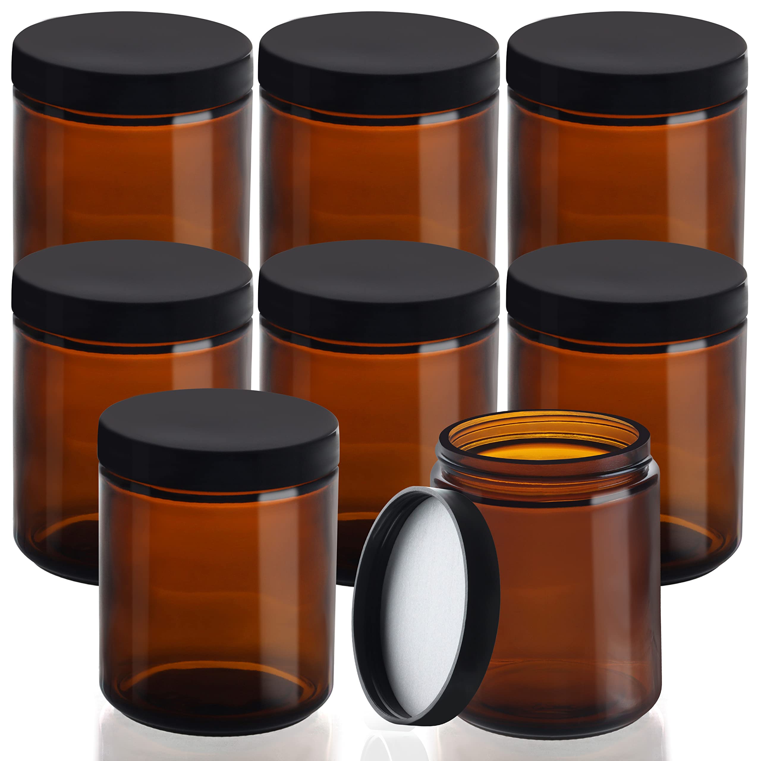 Belle Vous Amber Glass Jars - 8 Pack 8oz Refillable Cosmetic Containers